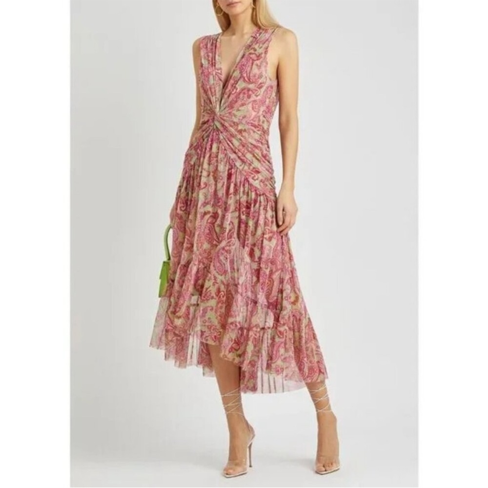 MISA Ava Paisley Print Stretch Tulle Midi Dress Size M Cottagecore #80